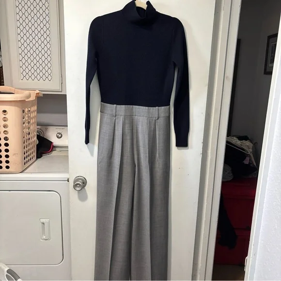J Crew Collection Wool Mockneck Long Sleeve Trouser Jumpsuit Navy Gray Size 6 8 - Picture 3 of 13